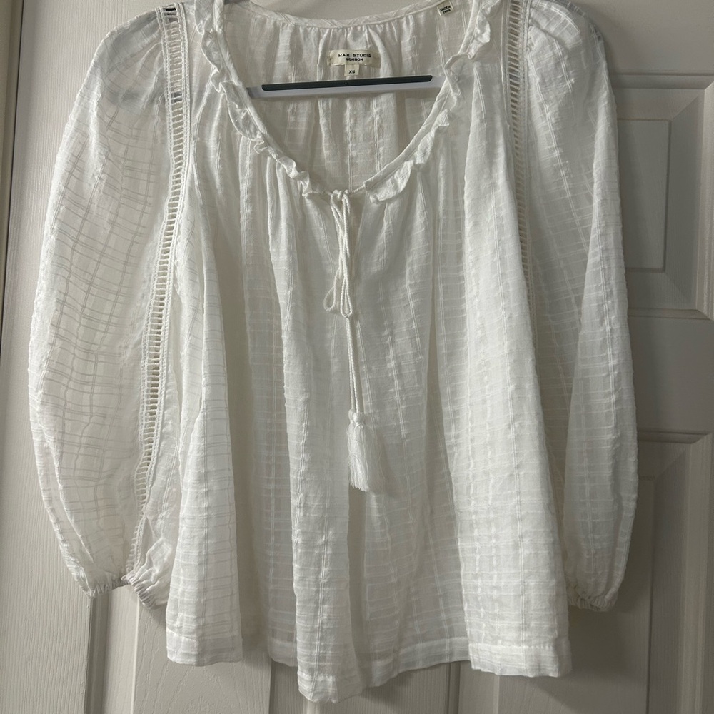 Max Studio White Blouse with Tassel Tie